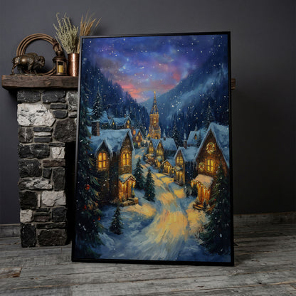 Enchanted Winter Village Canvas with Golden Lamplight in black floating frame