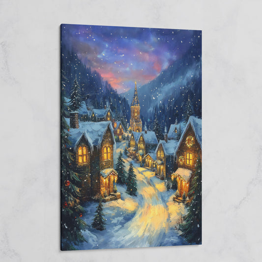 Enchanted Winter Village Canvas with Golden Lamplight on gallery wrap