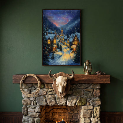 Enchanted Winter Village Canvas with Golden Lamplight in dark walnut floating frame