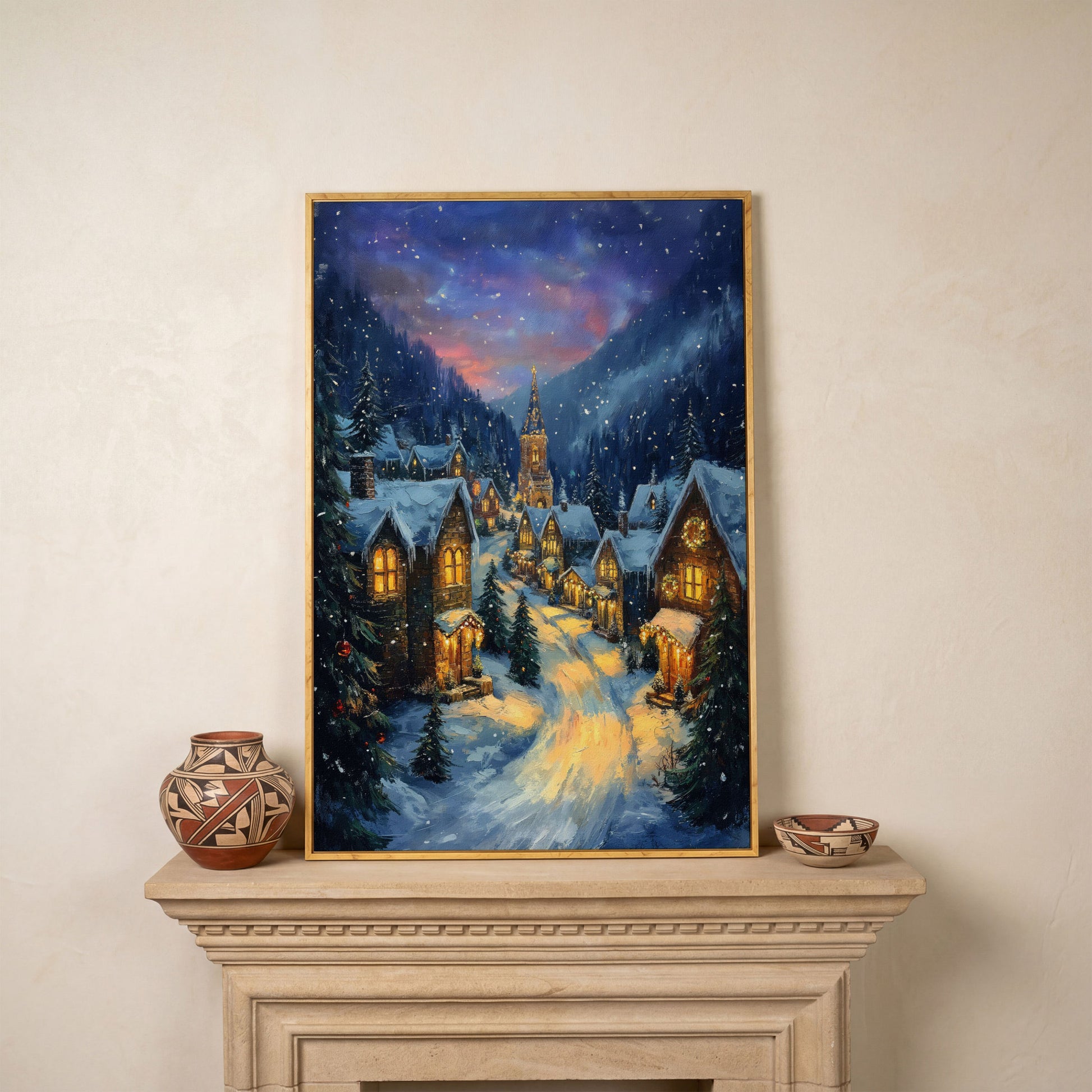 Enchanted Winter Village Canvas with Golden Lamplight in white oak floating frame