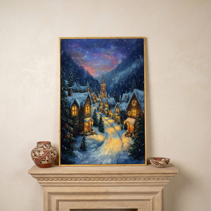 Enchanted Winter Village Canvas with Golden Lamplight in white oak floating frame
