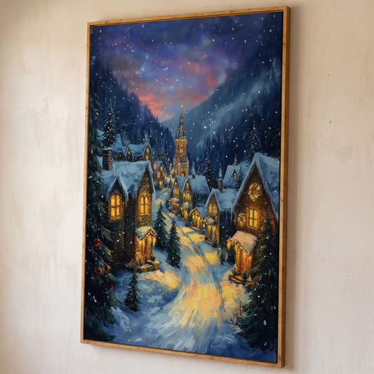 Enchanted Winter Village Canvas with Golden Lamplight shown in white oak floating frame