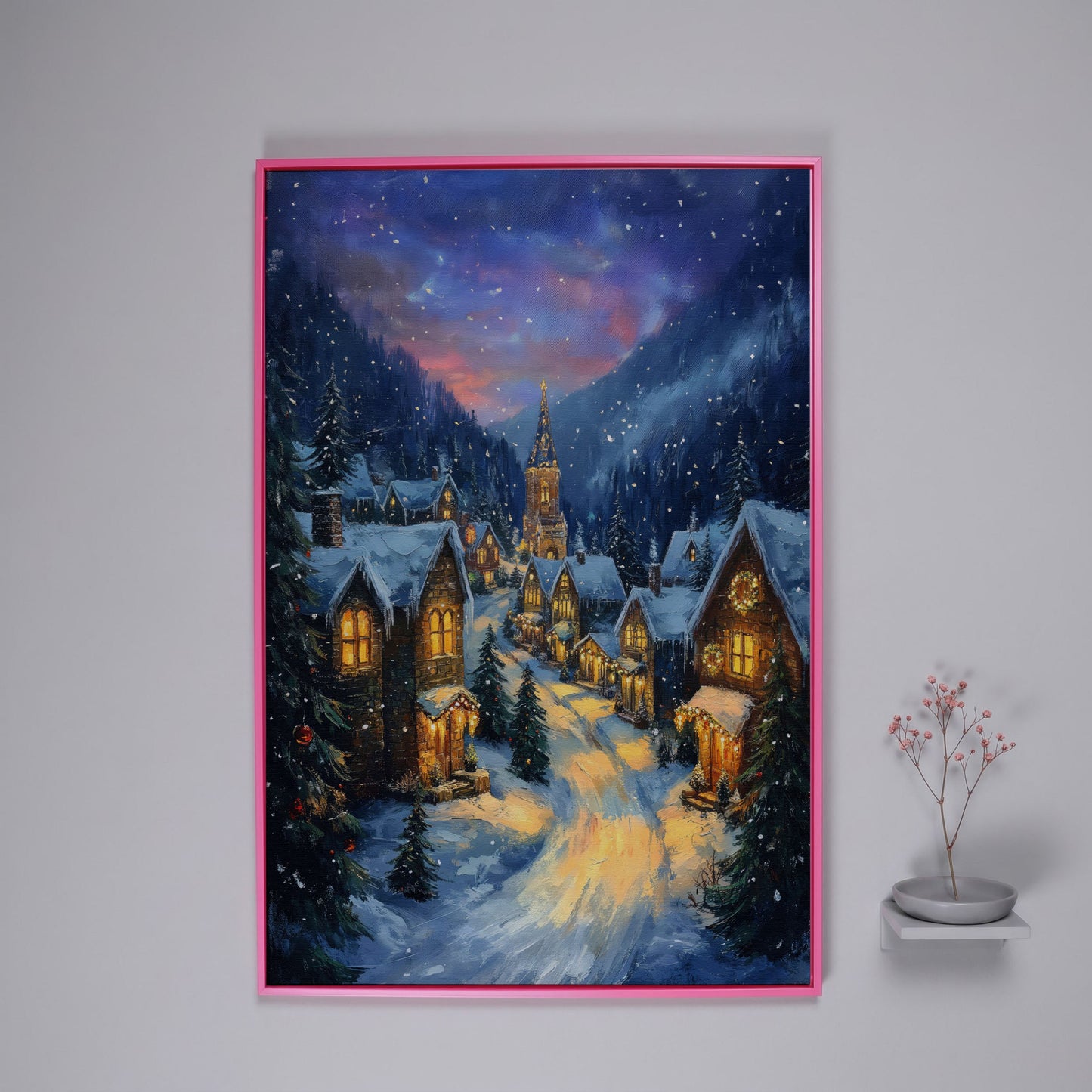Enchanted Winter Village Canvas with Golden Lamplight in pink floating frame