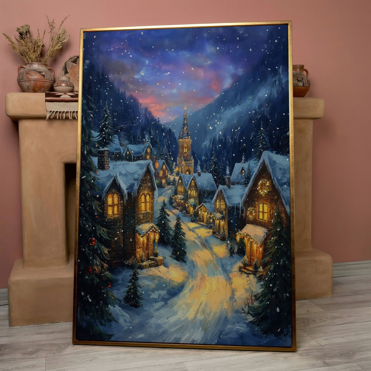 Enchanted Winter Village Canvas with Golden Lamplight in rose gold floating frame