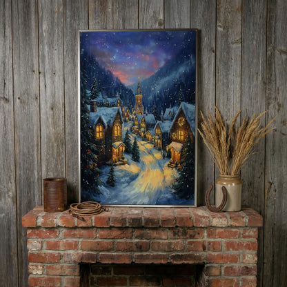 Enchanted Winter Village Canvas with Golden Lamplight in silver floating frame