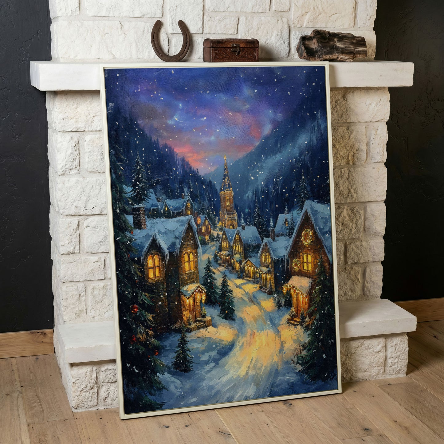 Enchanted Winter Village Canvas with Golden Lamplight in white floating frame