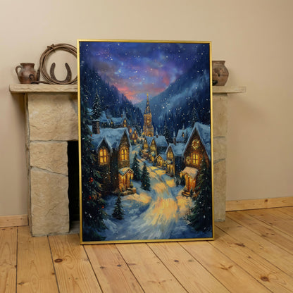 Enchanted Winter Village Canvas with Golden Lamplight in yellow gold floating frame