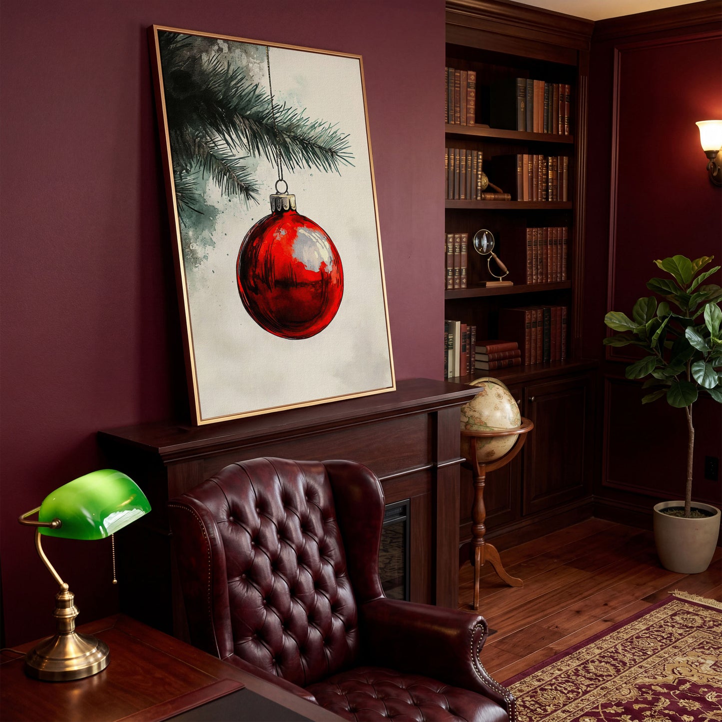 Red Bauble with Pine Twig Canvas Print in antique gold floating frame