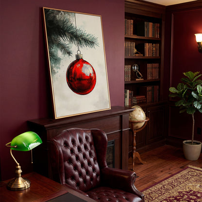Red Bauble with Pine Twig Canvas Print in antique gold floating frame
