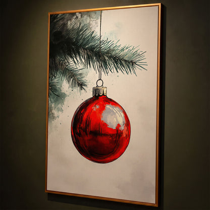 Red Bauble with Pine Twig Canvas Print shown in antique gold floating frame