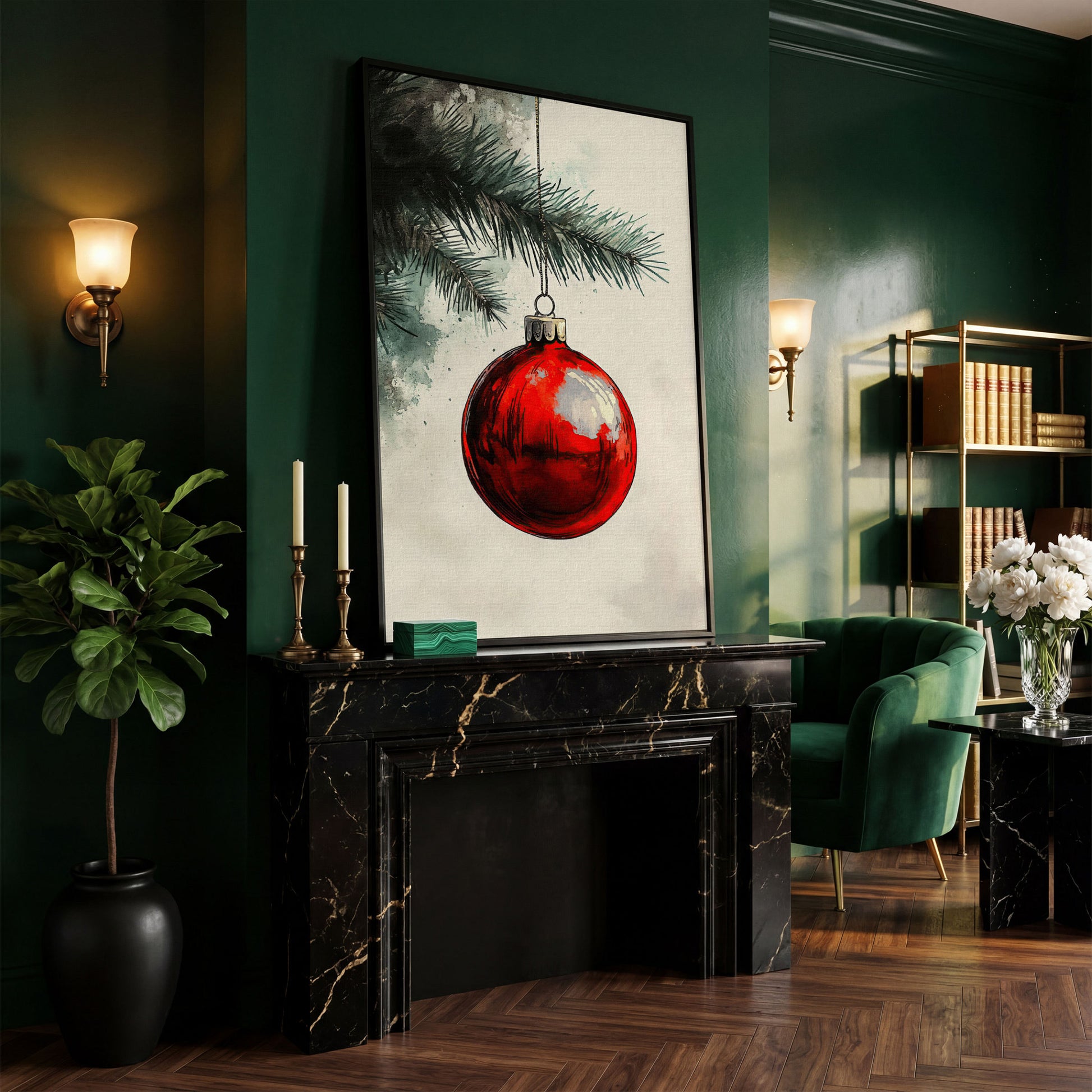 Red Bauble with Pine Twig Canvas Print in black floating frame