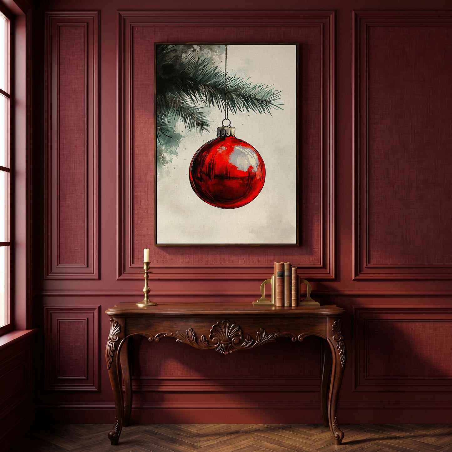 Red Bauble with Pine Twig Canvas Print in dark walnut floating frame