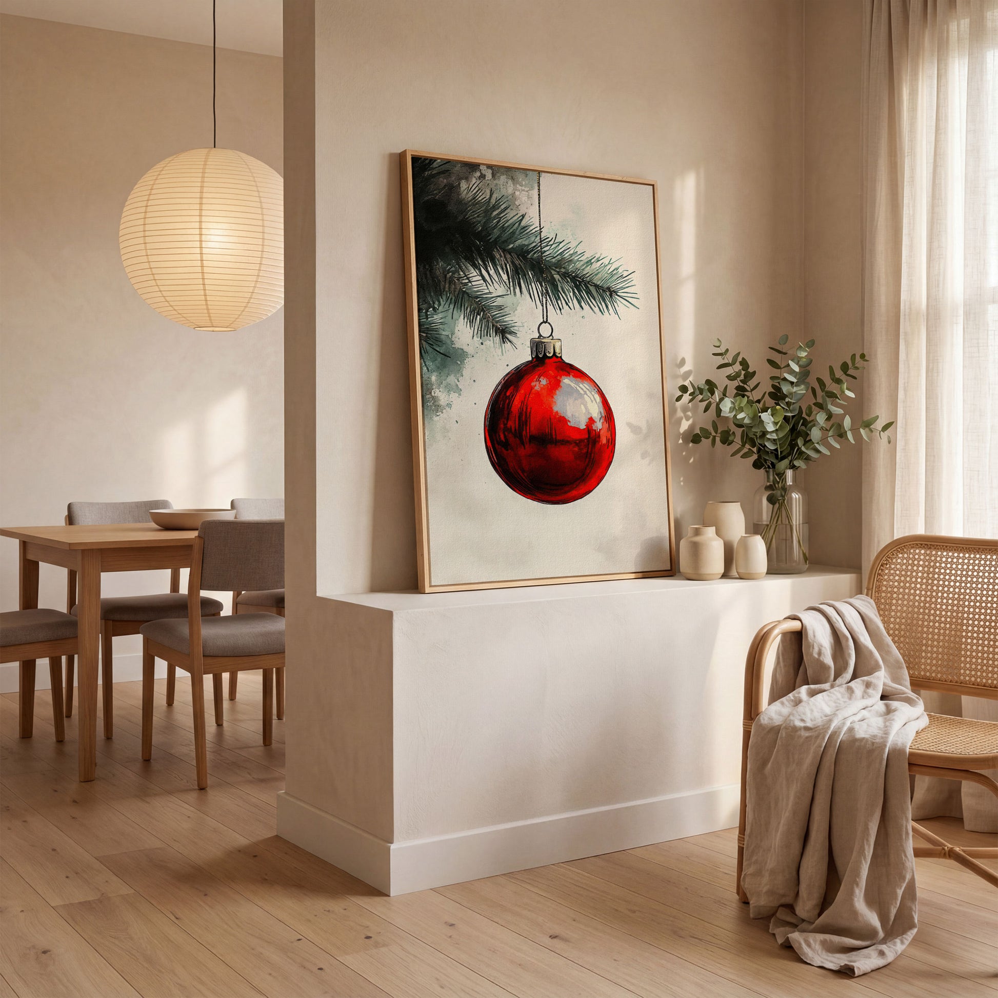 Red Bauble with Pine Twig Canvas Print in white oak floating frame
