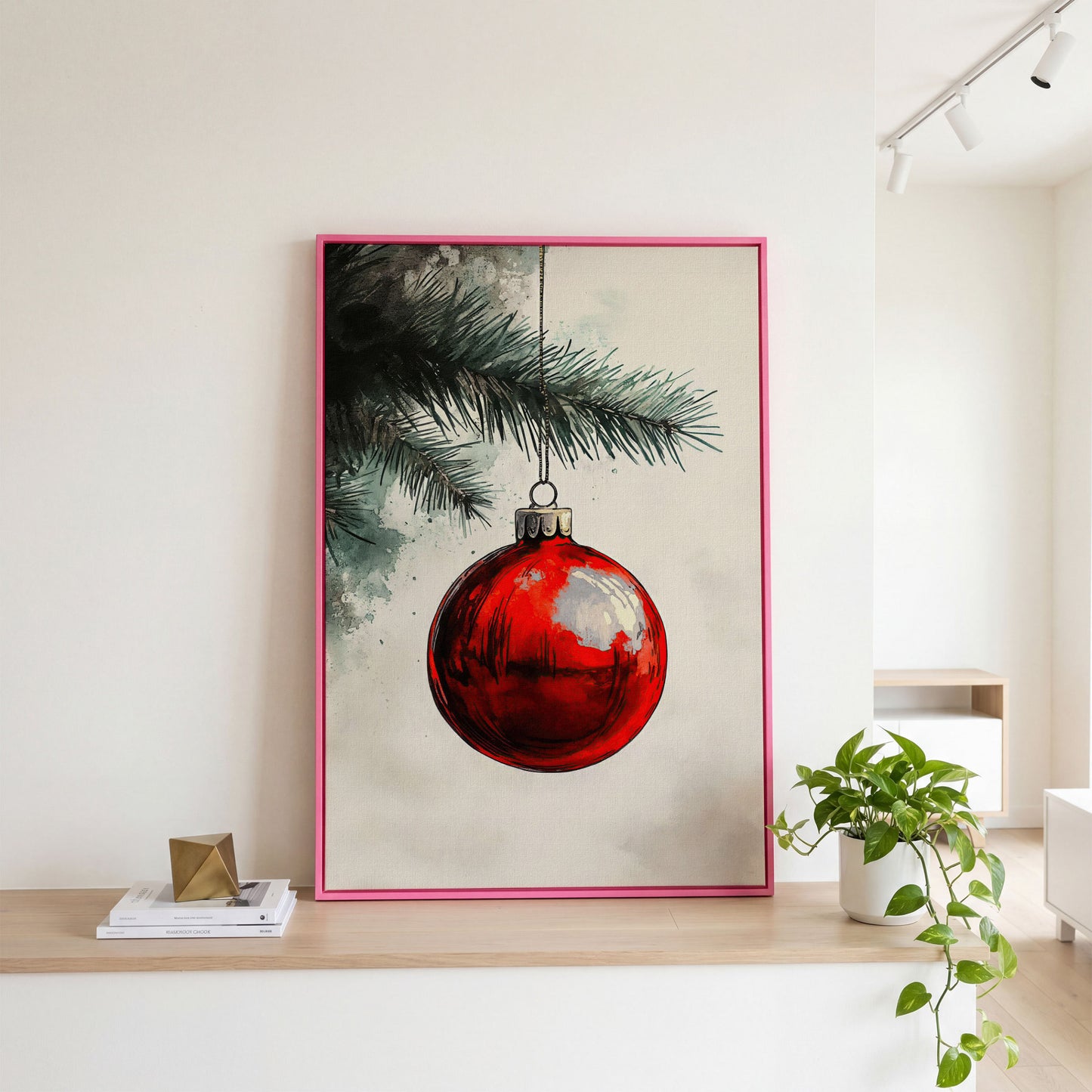 Red Bauble with Pine Twig Canvas Print in pink floating frame