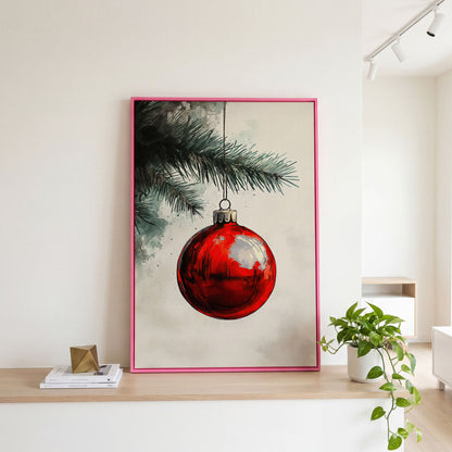 Red Bauble with Pine Twig Canvas Print in pink floating frame