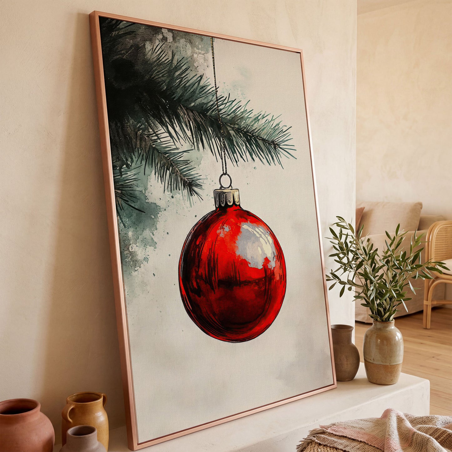 Red Bauble with Pine Twig Canvas Print in rose gold floating frame