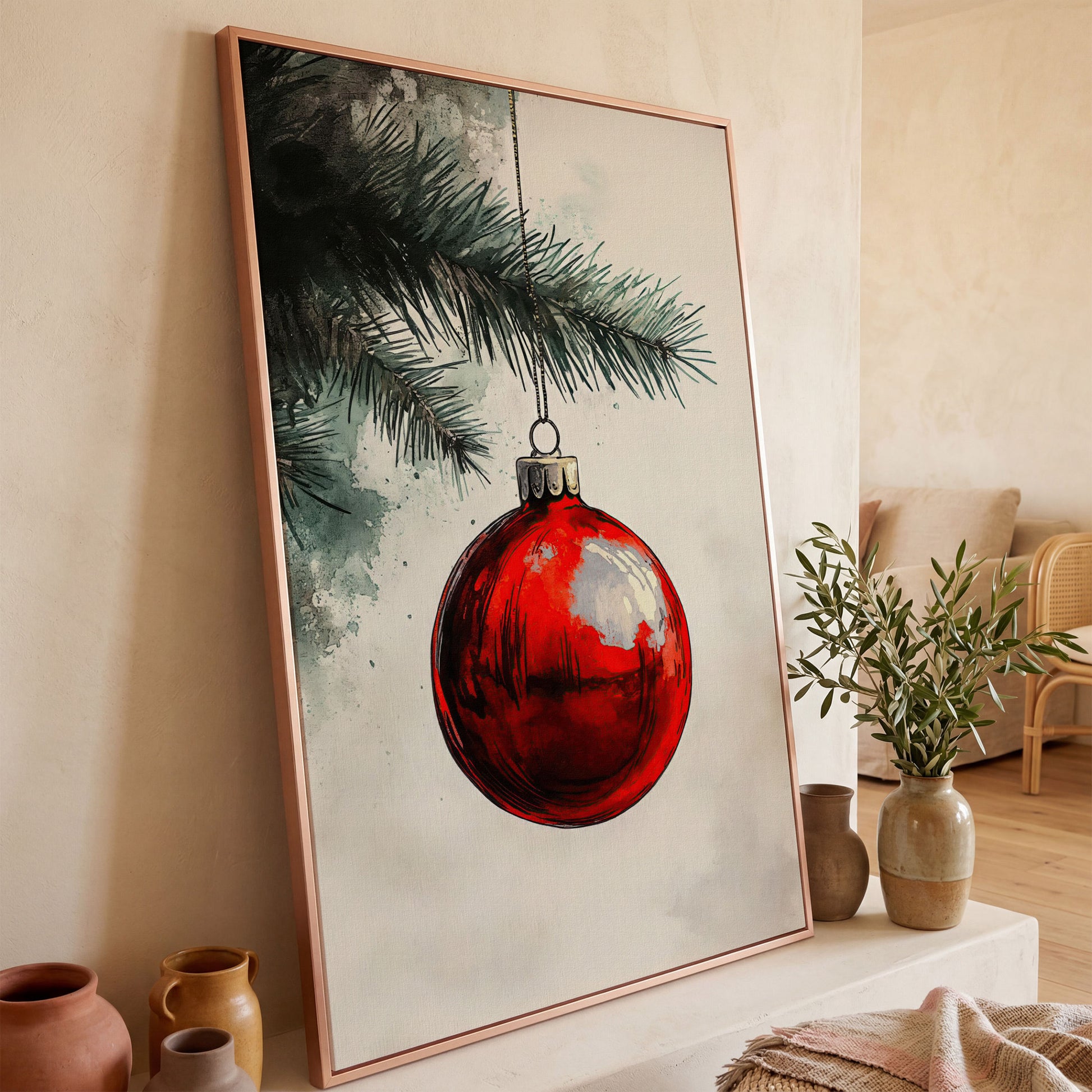 Red Bauble with Pine Twig Canvas Print in rose gold floating frame