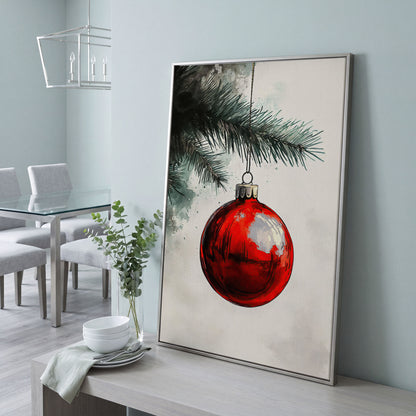 Red Bauble with Pine Twig Canvas Print in silver floating frame