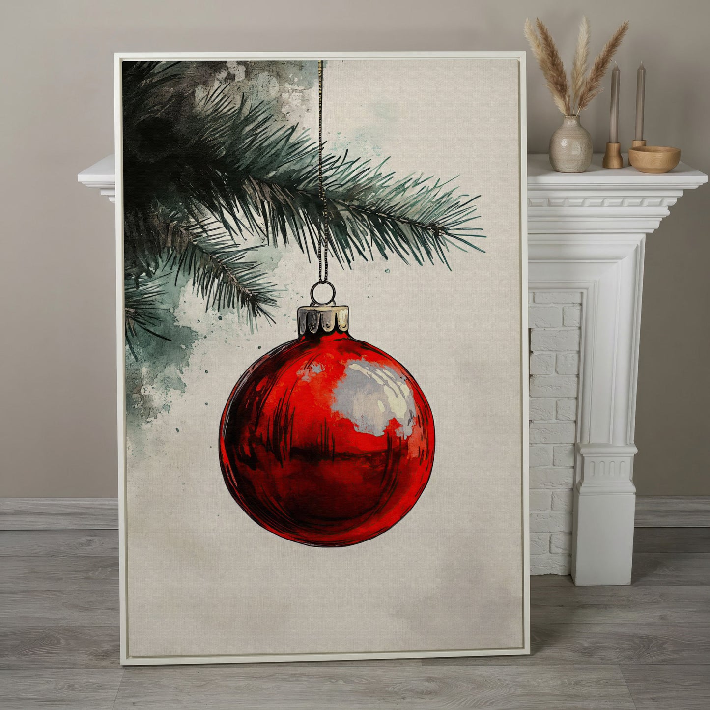 Red Bauble with Pine Twig Canvas Print in white floating frame