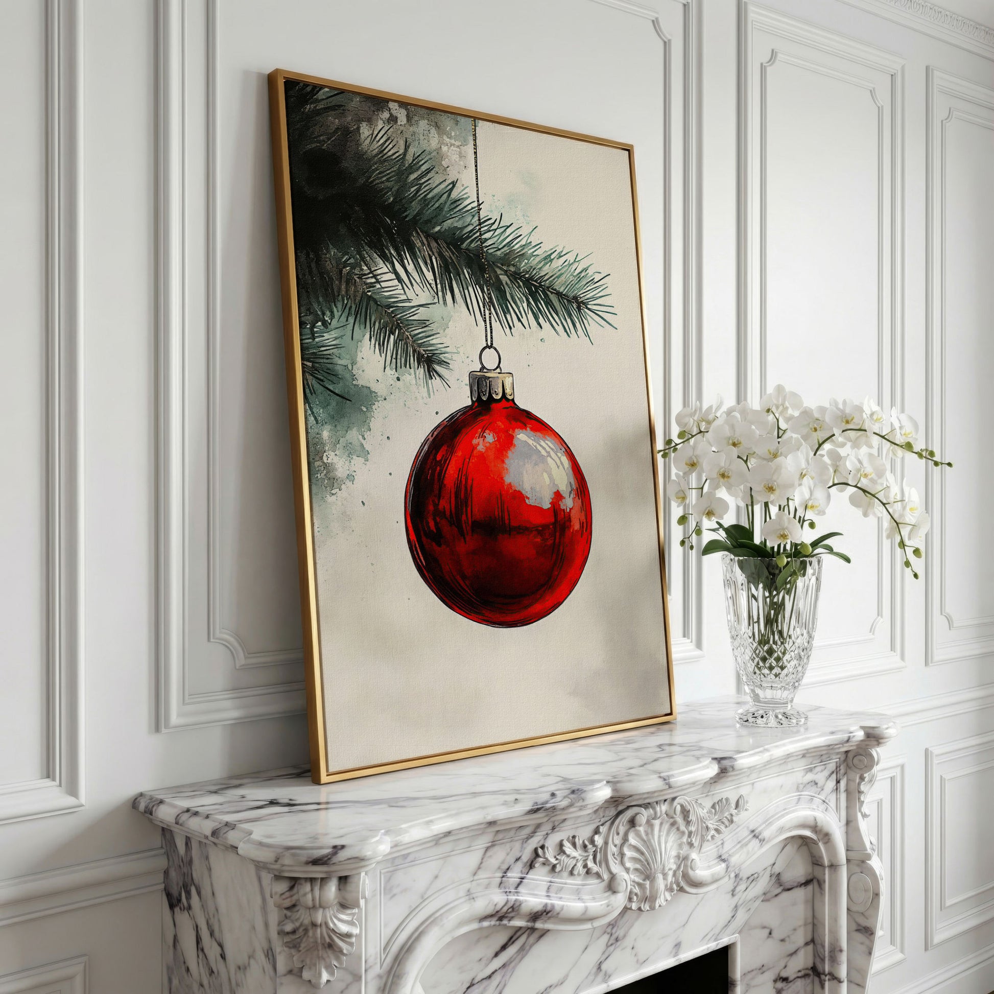 Red Bauble with Pine Twig Canvas Print in yellow gold floating frame
