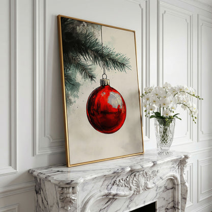 Red Bauble with Pine Twig Canvas Print in yellow gold floating frame