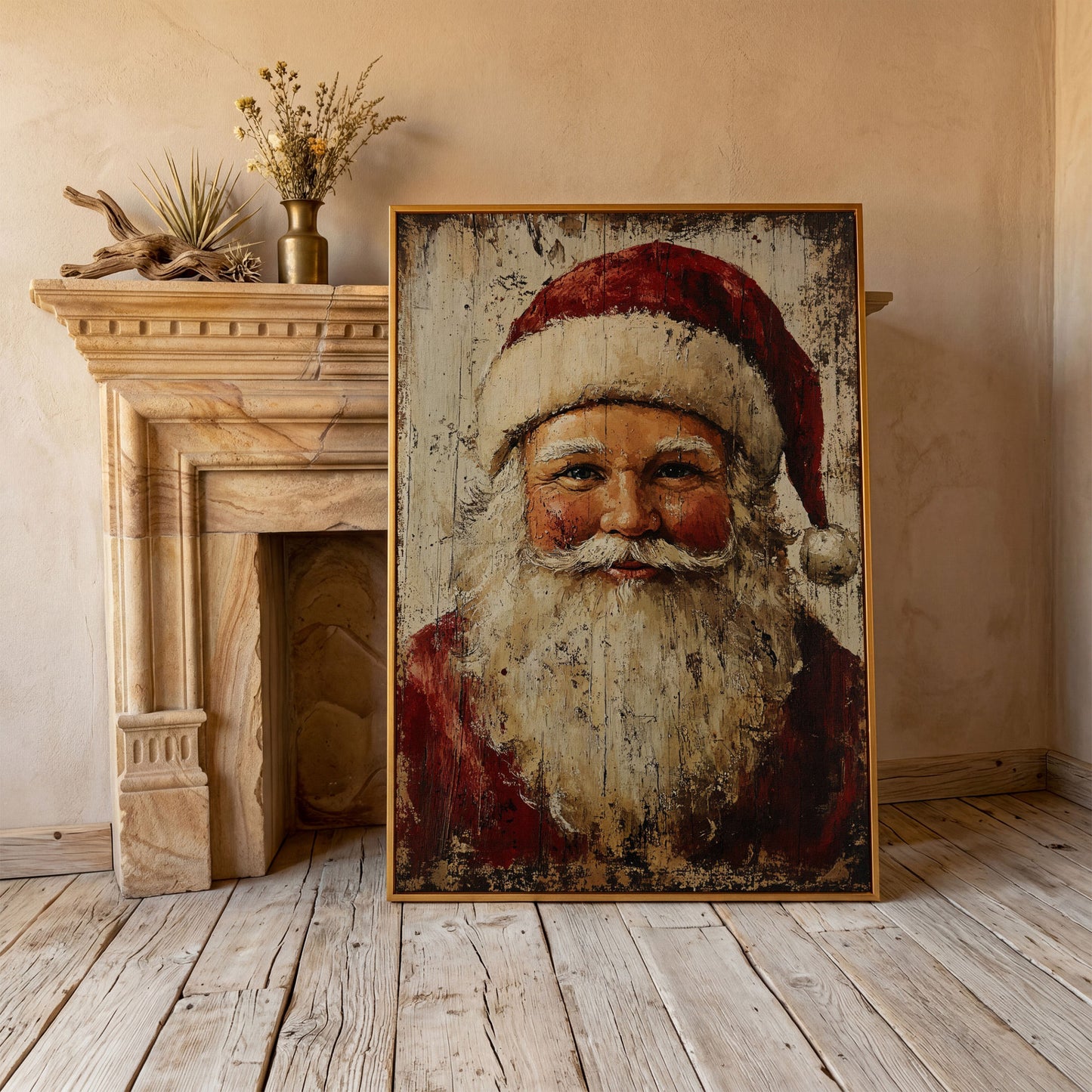 Smiling Santa Claus Canvas Print in Crimson and Cream in antique gold floating frame
