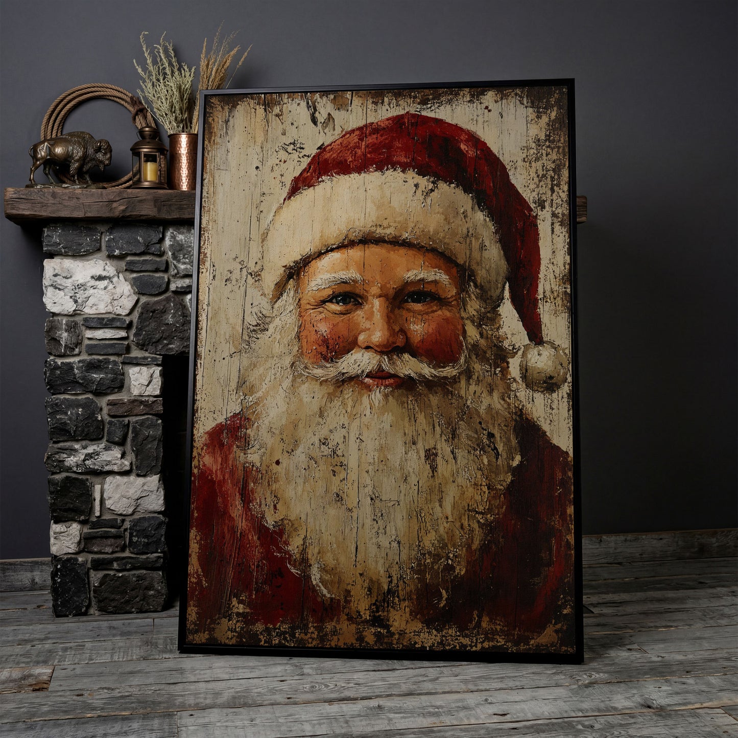 Smiling Santa Claus Canvas Print in Crimson and Cream in black floating frame