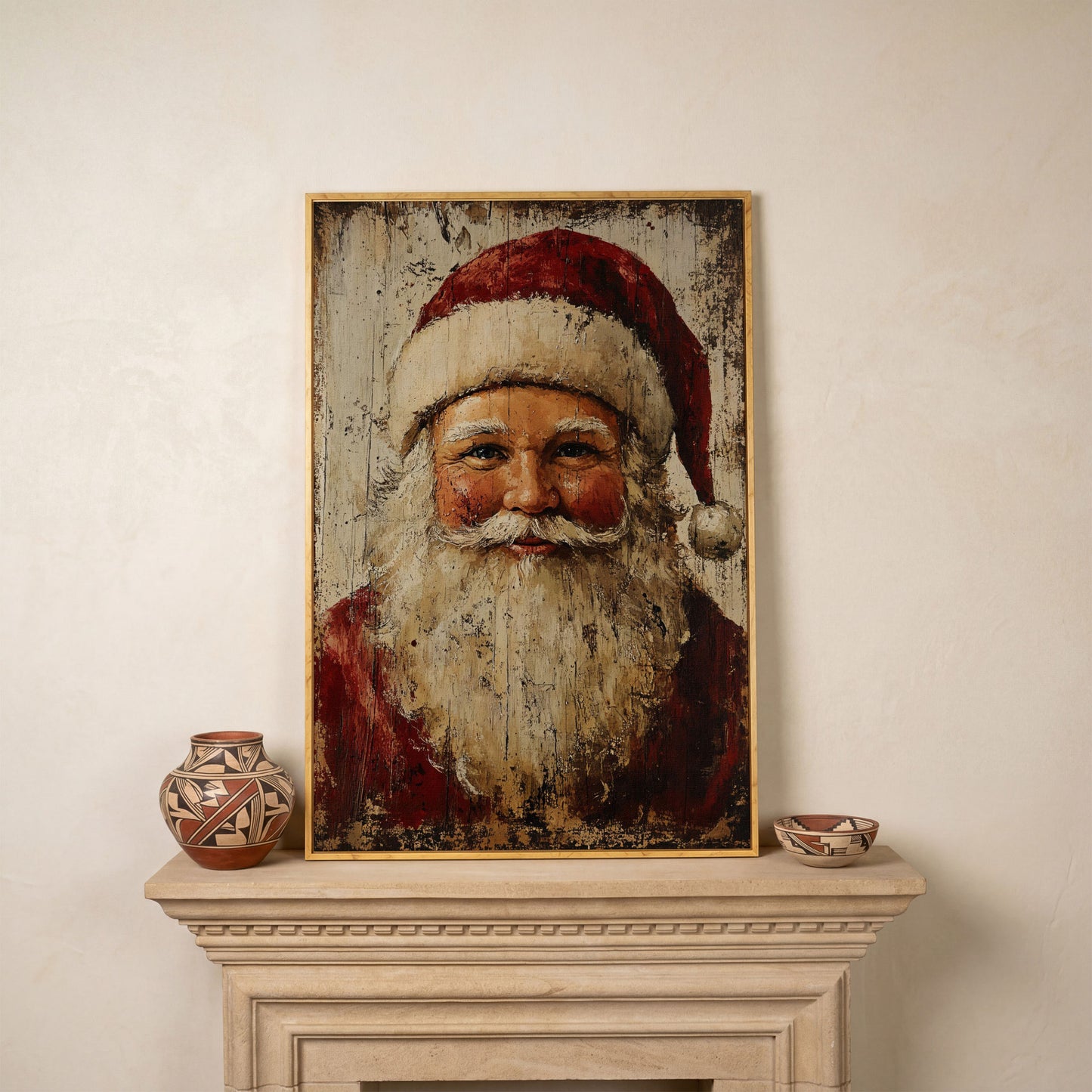 Smiling Santa Claus Canvas Print in Crimson and Cream in white oak floating frame
