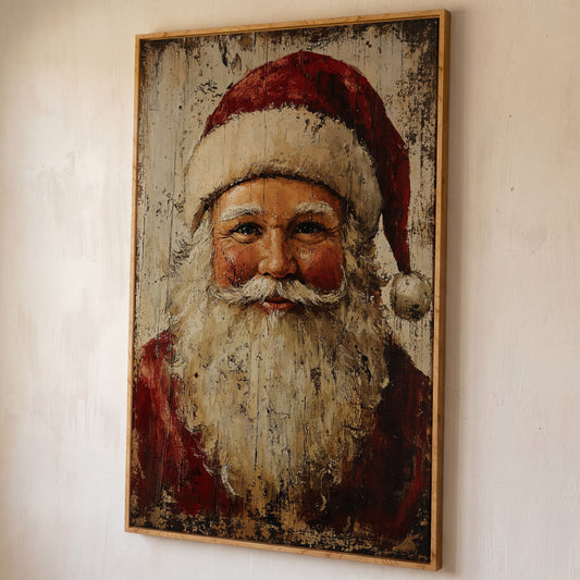 Smiling Santa Claus Canvas Print in Crimson and Cream shown in white oak floating frame
