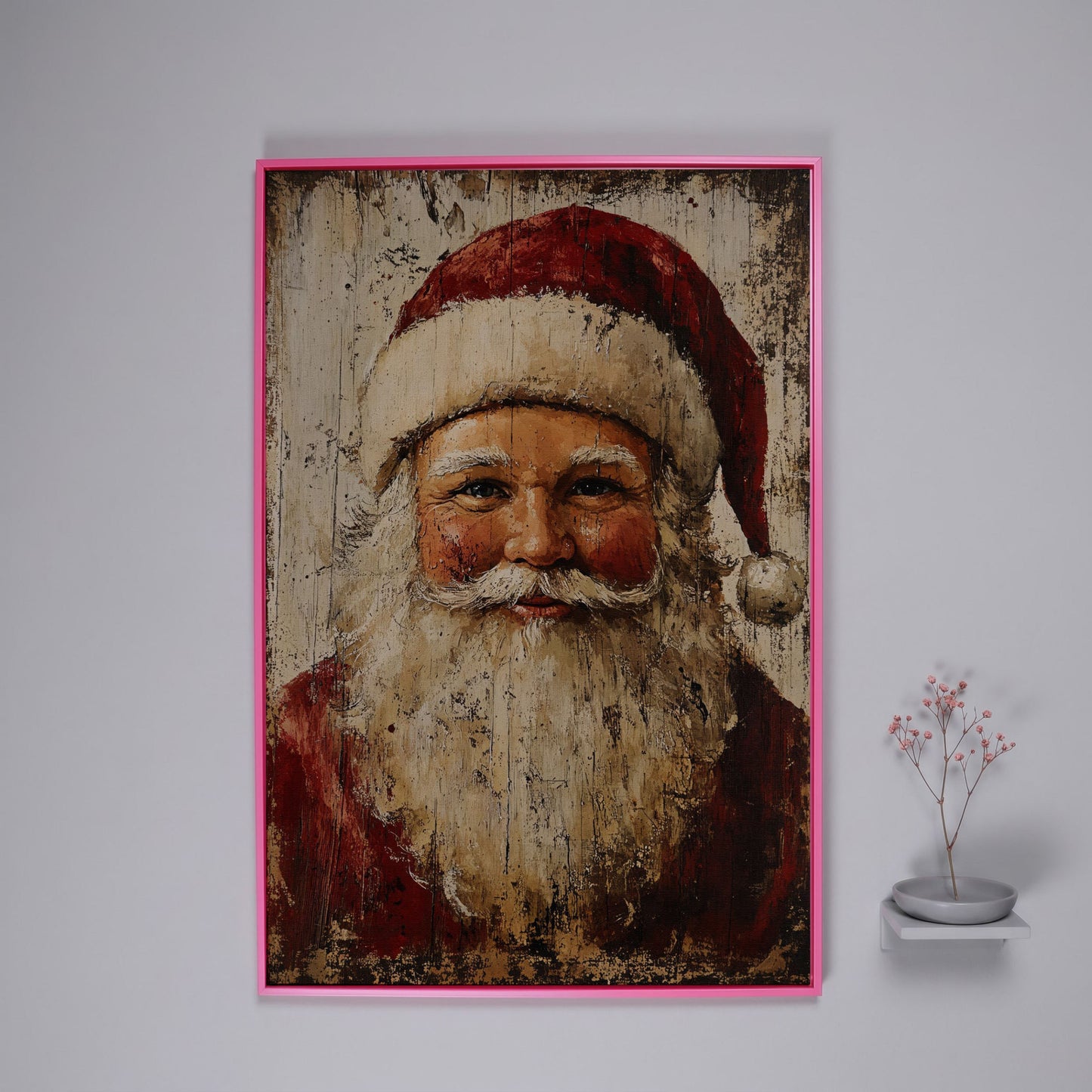 Smiling Santa Claus Canvas Print in Crimson and Cream in pink floating frame