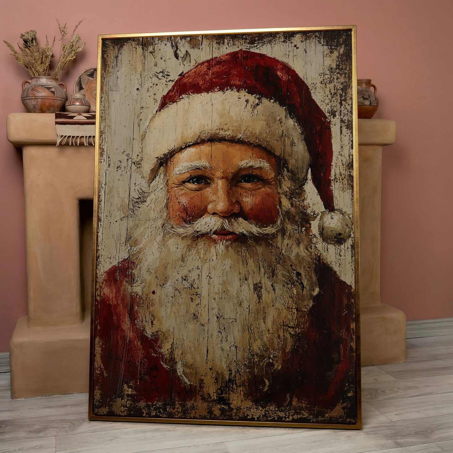 Smiling Santa Claus Canvas Print in Crimson and Cream in rose gold floating frame
