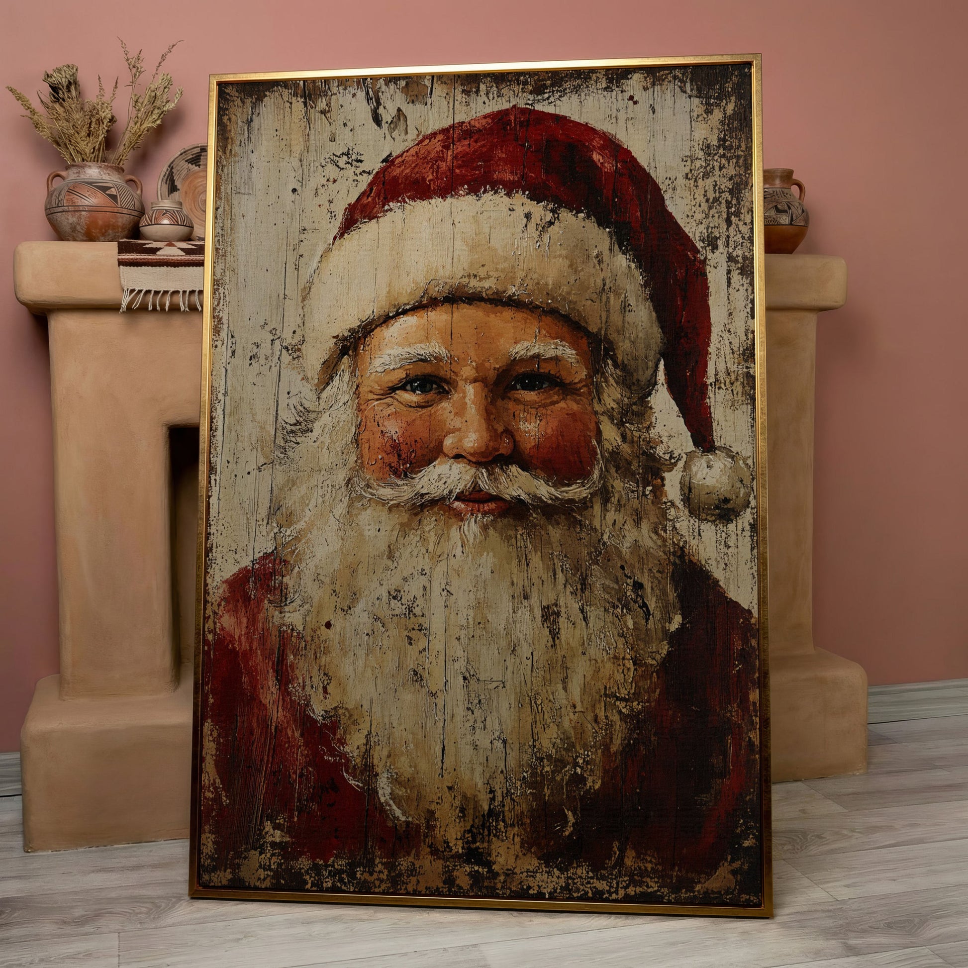 Smiling Santa Claus Canvas Print in Crimson and Cream in rose gold floating frame