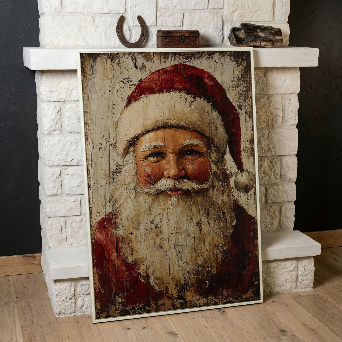 Smiling Santa Claus Canvas Print in Crimson and Cream in white floating frame