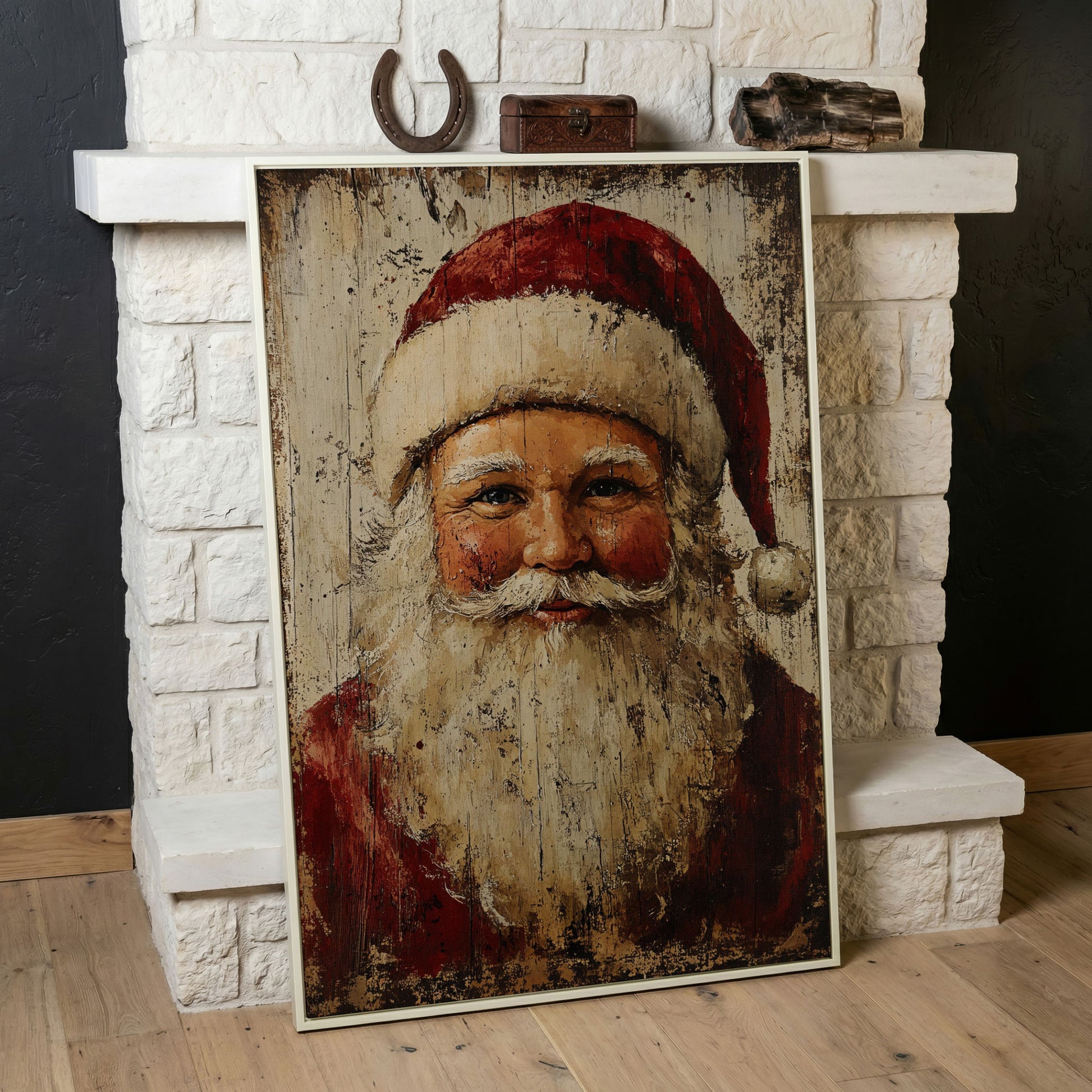 Smiling Santa Claus Canvas Print in Crimson and Cream in white floating frame
