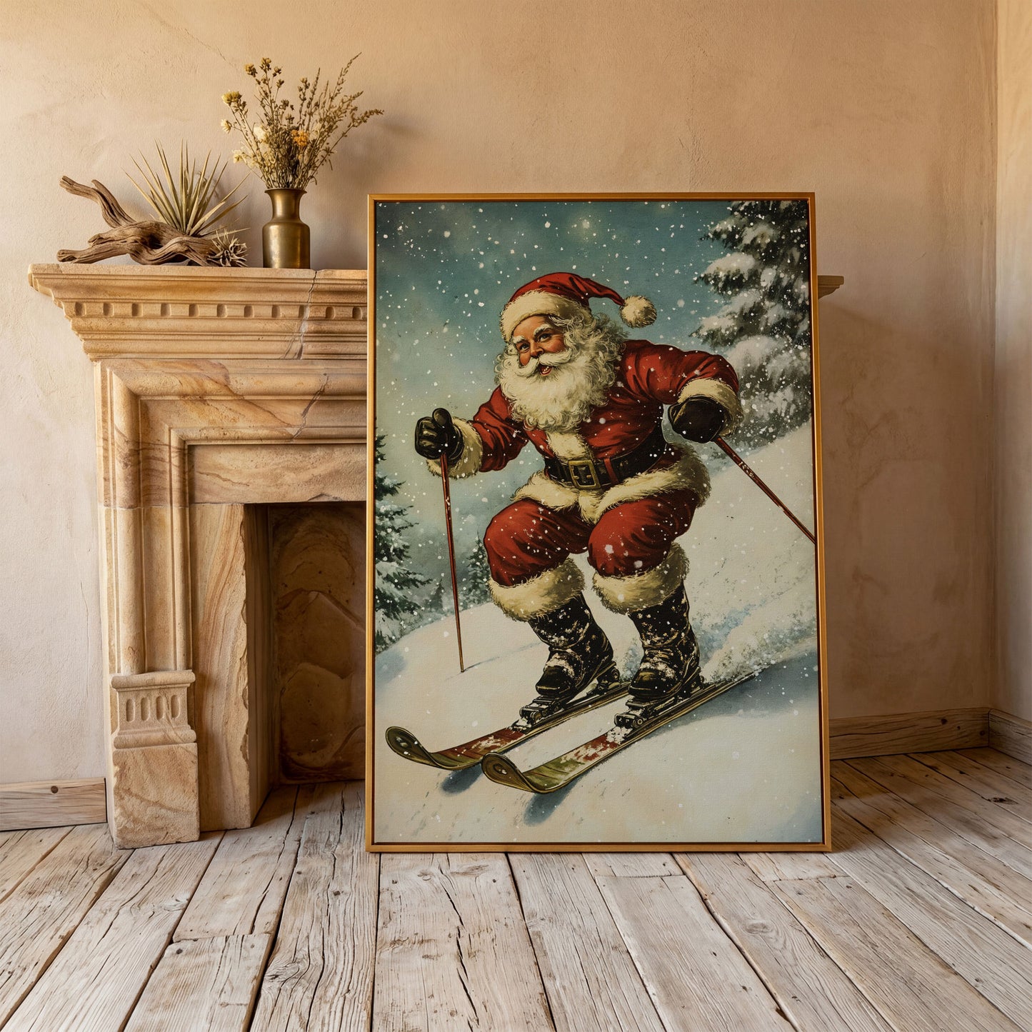 Santa Claus Skiing Canvas Print for Holiday Décor in antique gold floating frame