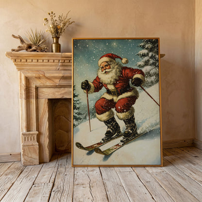 Santa Claus Skiing Canvas Print for Holiday Décor in antique gold floating frame