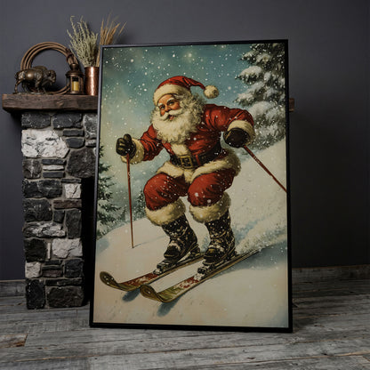 Santa Claus Skiing Canvas Print for Holiday Décor in black floating frame