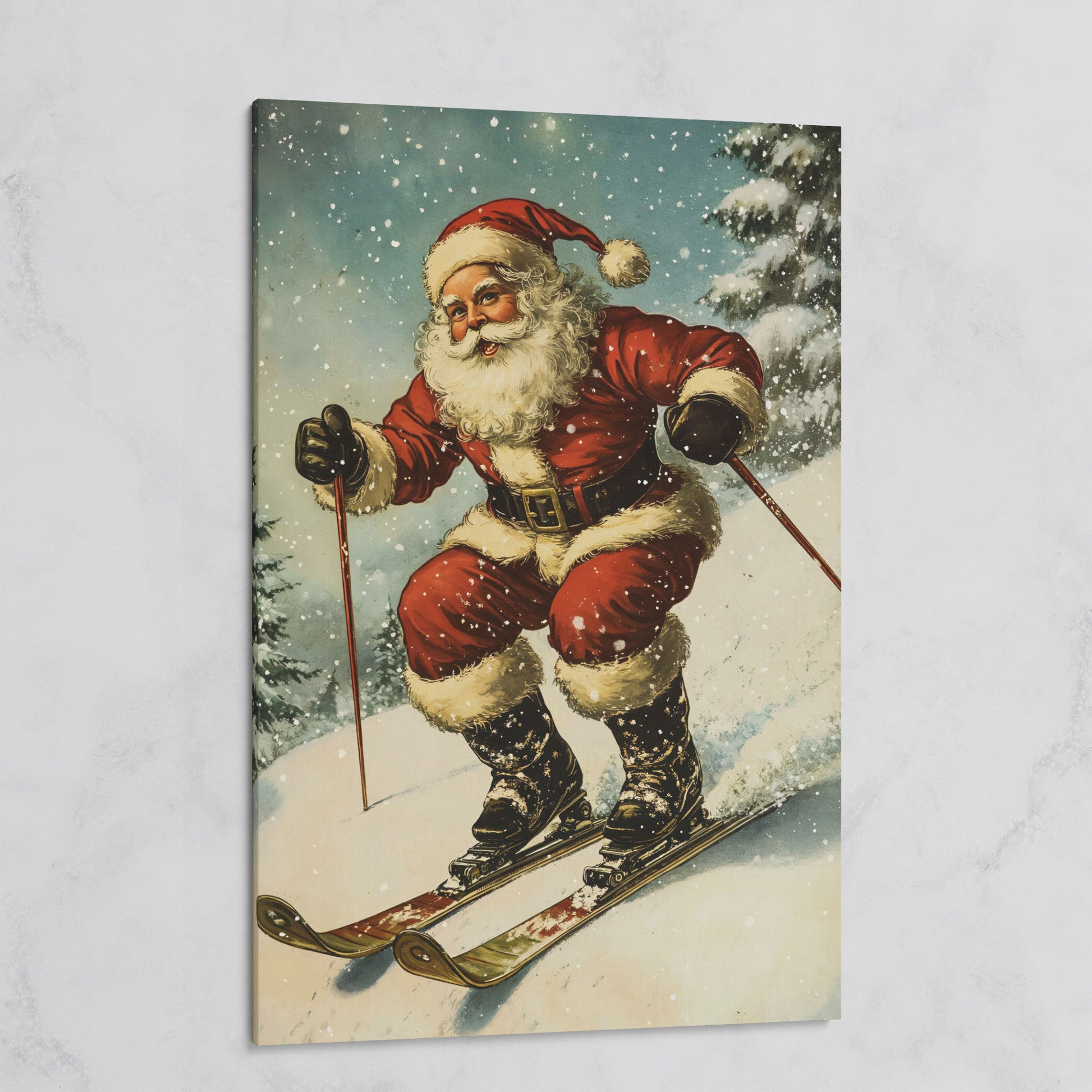 Santa Claus Skiing Canvas Print for Holiday Décor on gallery wrap