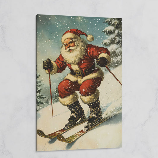 Santa Claus Skiing Canvas Print for Holiday Décor on gallery wrap