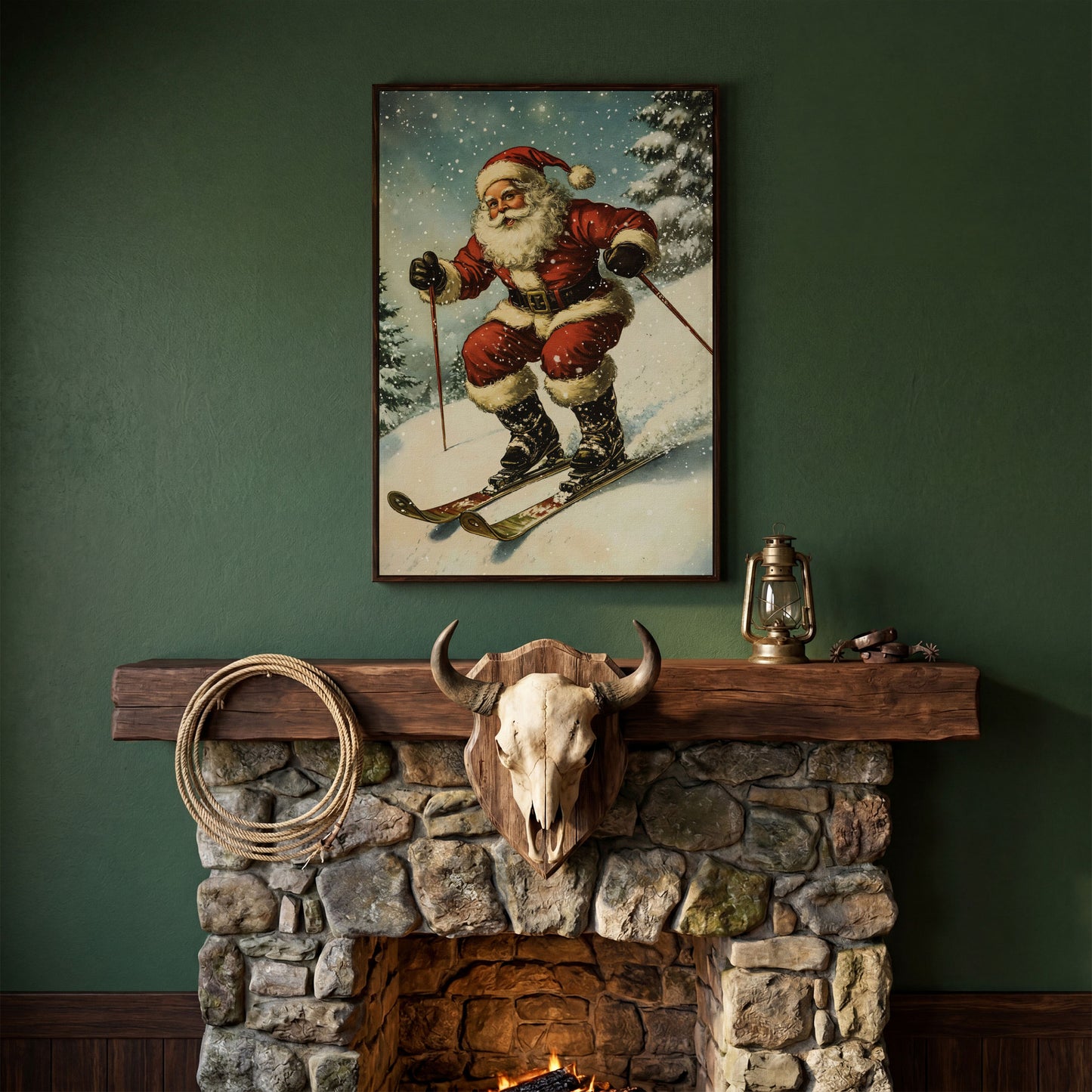 Santa Claus Skiing Canvas Print for Holiday Décor in dark walnut floating frame