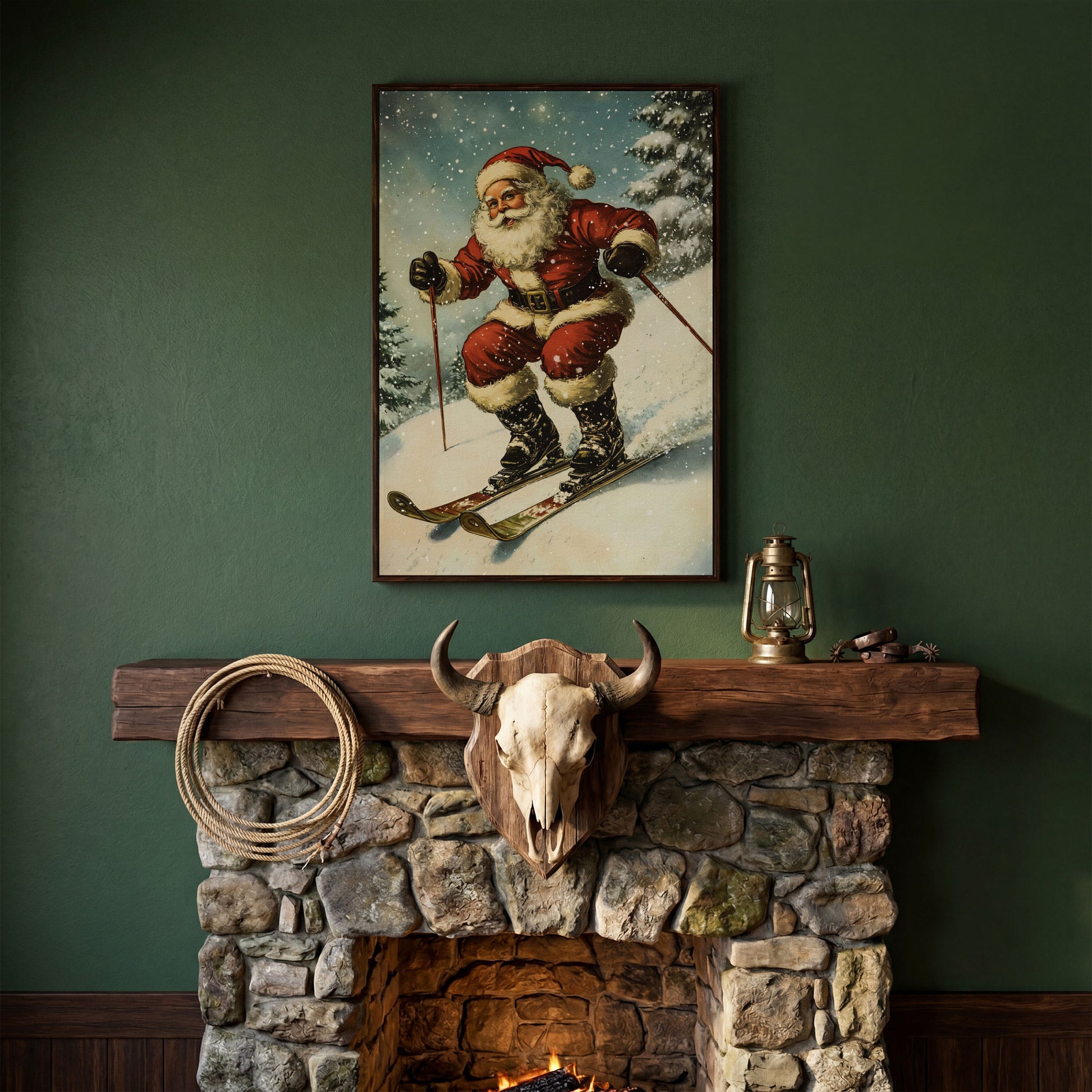 Santa Claus Skiing Canvas Print for Holiday Décor in dark walnut floating frame