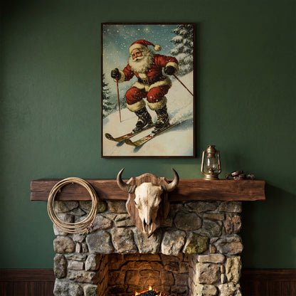Santa Claus Skiing Canvas Print for Holiday Décor in dark walnut floating frame