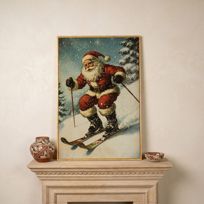 Santa Claus Skiing Canvas Print for Holiday Décor in white oak floating frame