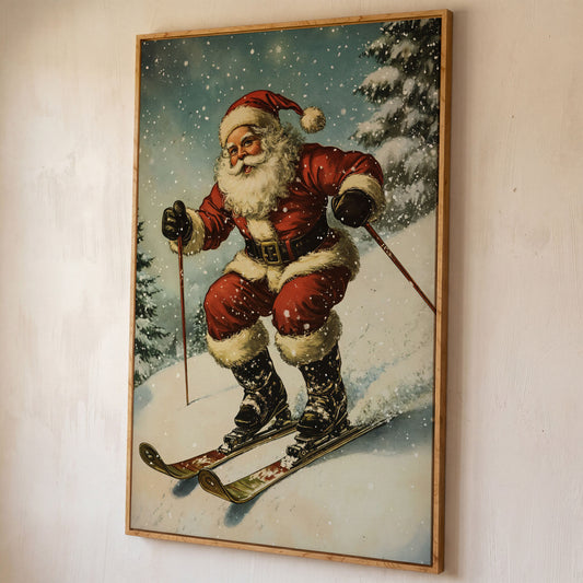 Santa Claus Skiing Canvas Print for Holiday Décor shown in white oak floating frame