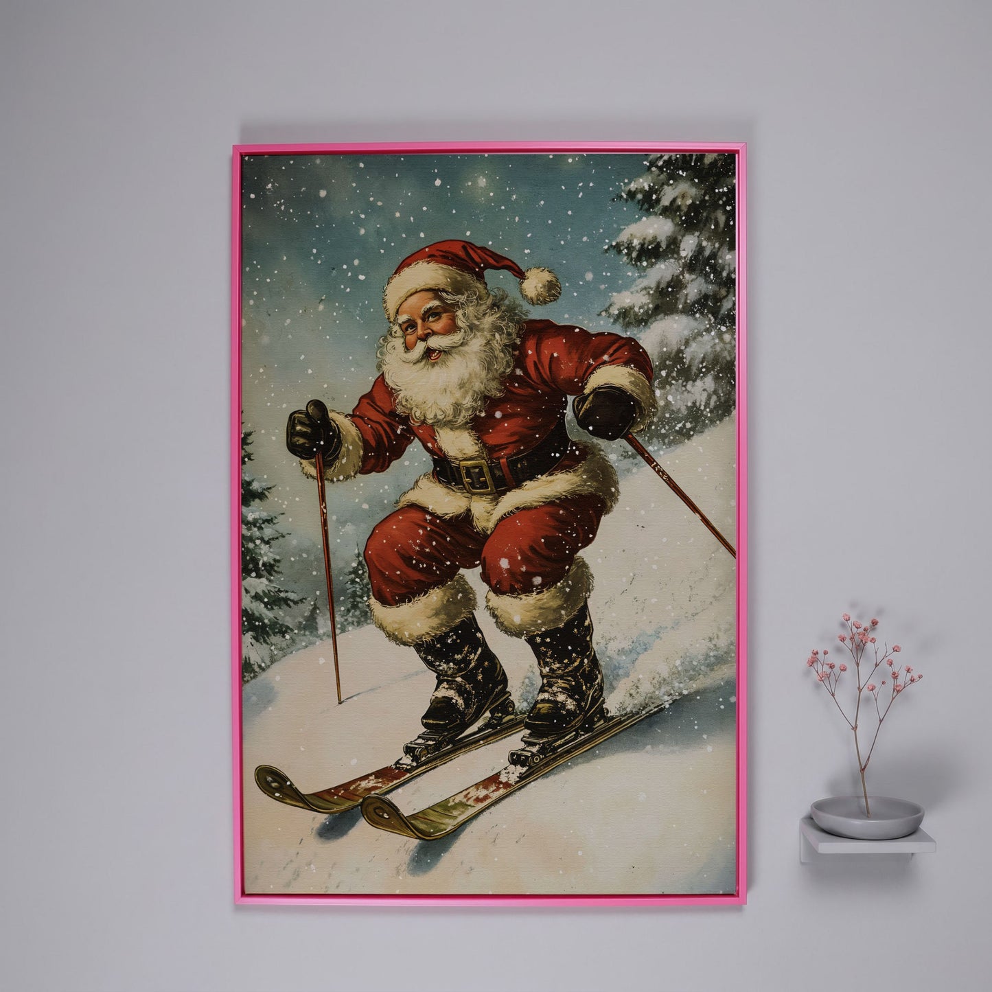 Santa Claus Skiing Canvas Print for Holiday Décor in pink floating frame