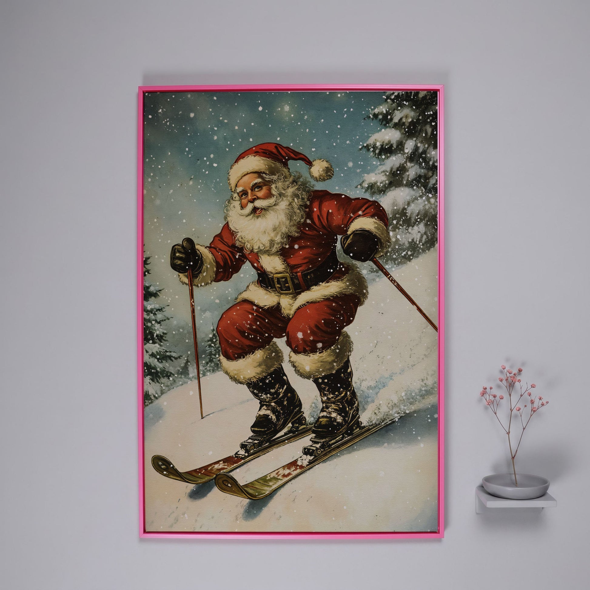 Santa Claus Skiing Canvas Print for Holiday Décor in pink floating frame