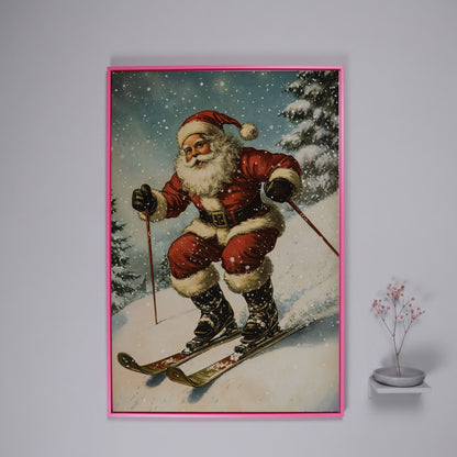 Santa Claus Skiing Canvas Print for Holiday Décor in pink floating frame