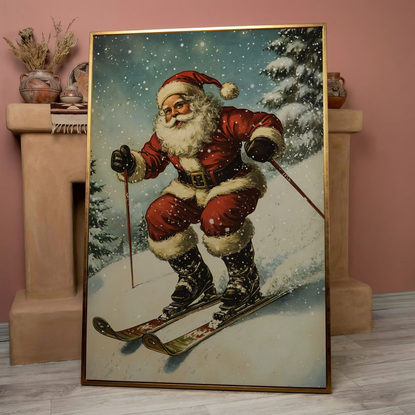 Santa Claus Skiing Canvas Print for Holiday Décor in rose gold floating frame