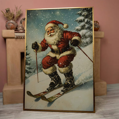 Santa Claus Skiing Canvas Print for Holiday Décor in rose gold floating frame