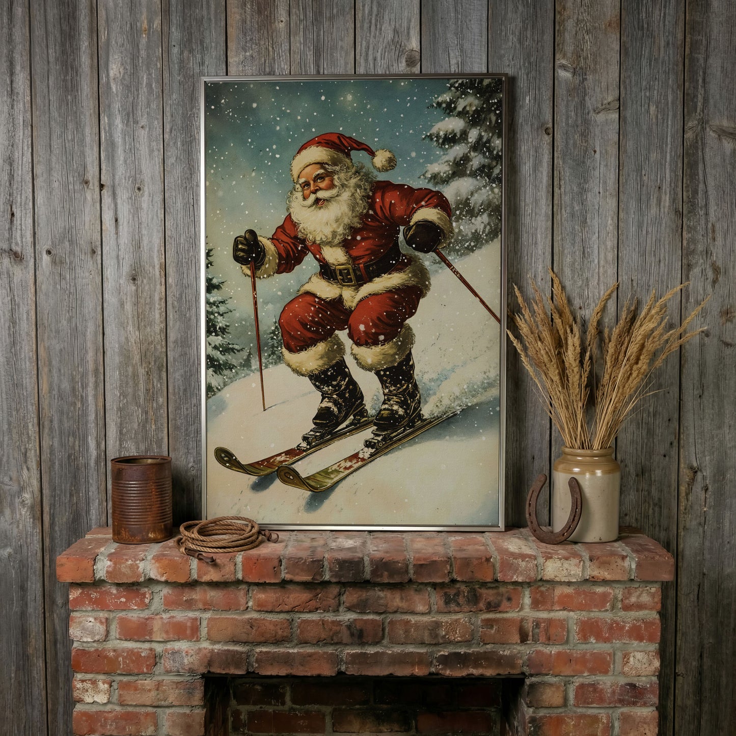 Santa Claus Skiing Canvas Print for Holiday Décor in silver floating frame